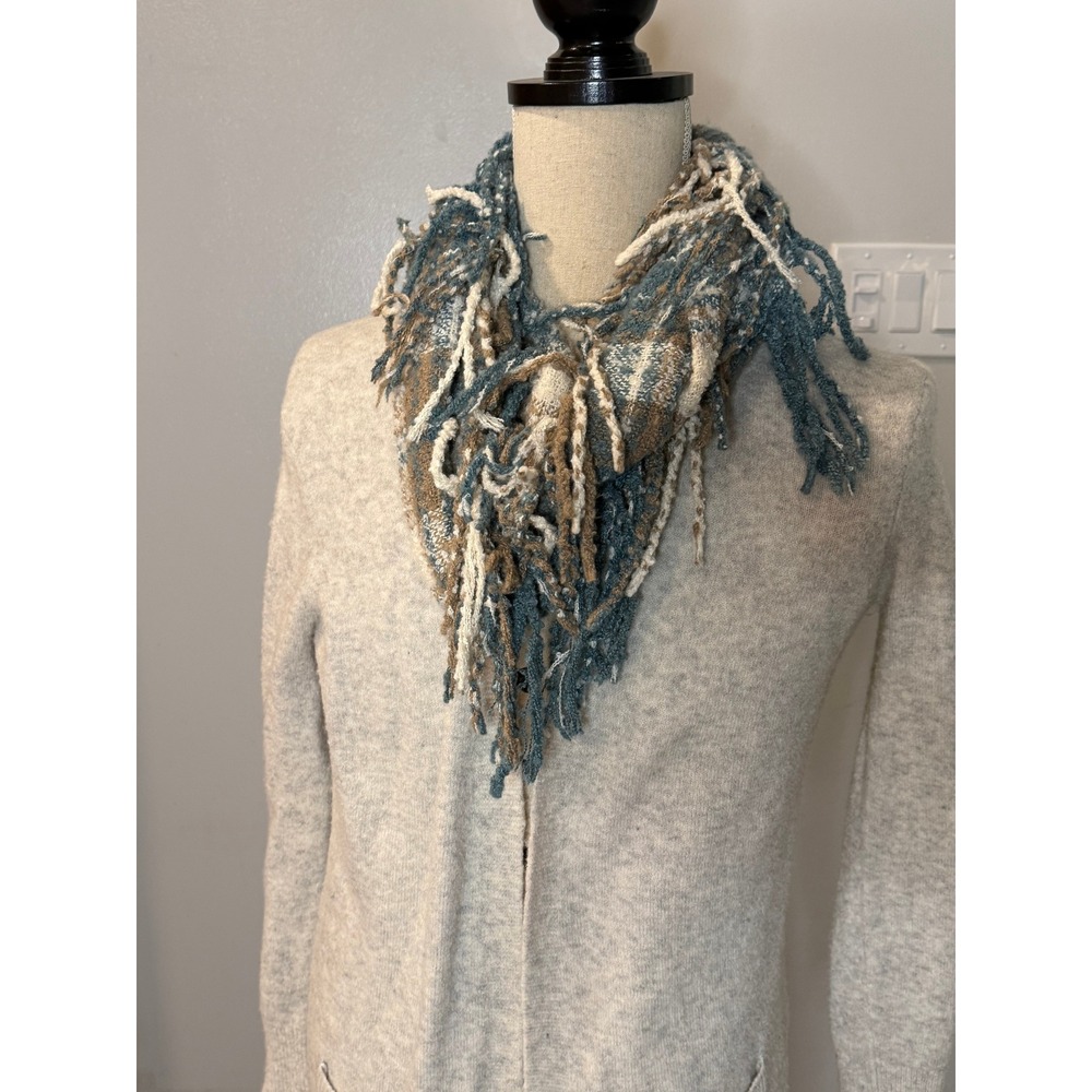 Blue Tan Plaid Fringe Infinity Scarf Soft Textured Winter Wrap Neutral Fall